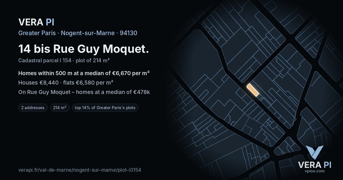 14 bis Rue Guy Moquet, Nogent-sur-Marne at night – the plot lit, the parcels around coloured by the prices near them