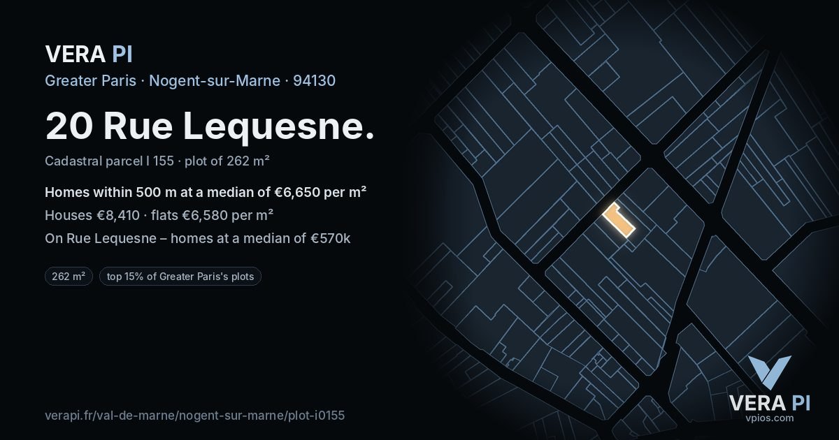 20 Rue Lequesne, Nogent-sur-Marne at night – the plot lit, the parcels around coloured by the prices near them