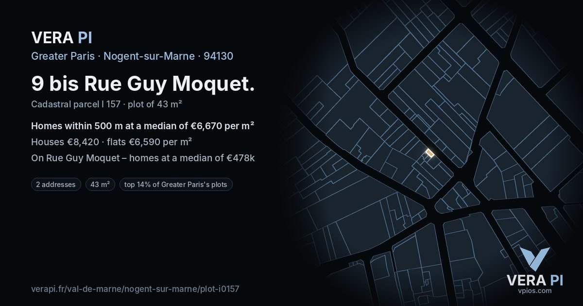 9 bis Rue Guy Moquet, Nogent-sur-Marne at night – the plot lit, the parcels around coloured by the prices near them