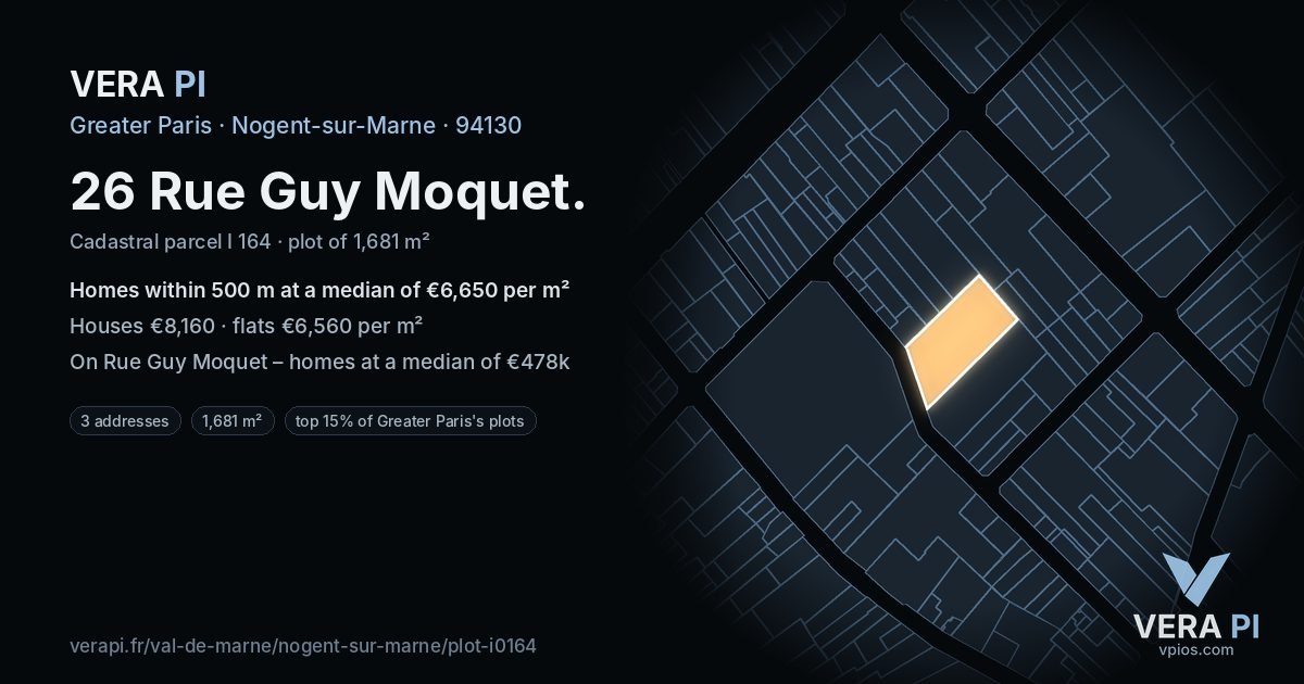 26 Rue Guy Moquet, Nogent-sur-Marne at night – the plot lit, the parcels around coloured by the prices near them
