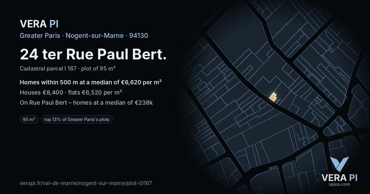 24 ter Rue Paul Bert, Nogent-sur-Marne at night – the plot lit, the parcels around coloured by the prices near them