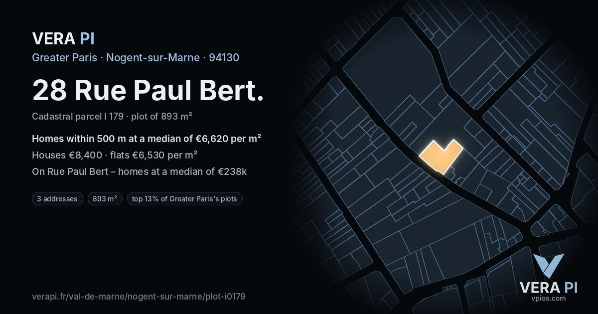 28 Rue Paul Bert, Nogent-sur-Marne at night – the plot lit, the parcels around coloured by the prices near them