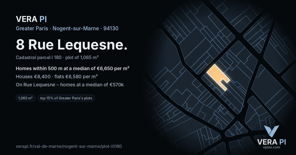 8 Rue Lequesne, Nogent-sur-Marne at night – the plot lit, the parcels around coloured by the prices near them