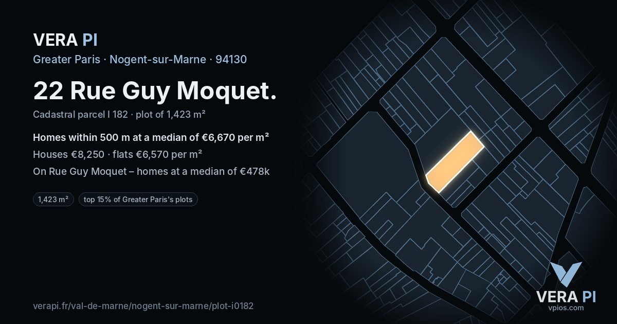 22 Rue Guy Moquet, Nogent-sur-Marne at night – the plot lit, the parcels around coloured by the prices near them