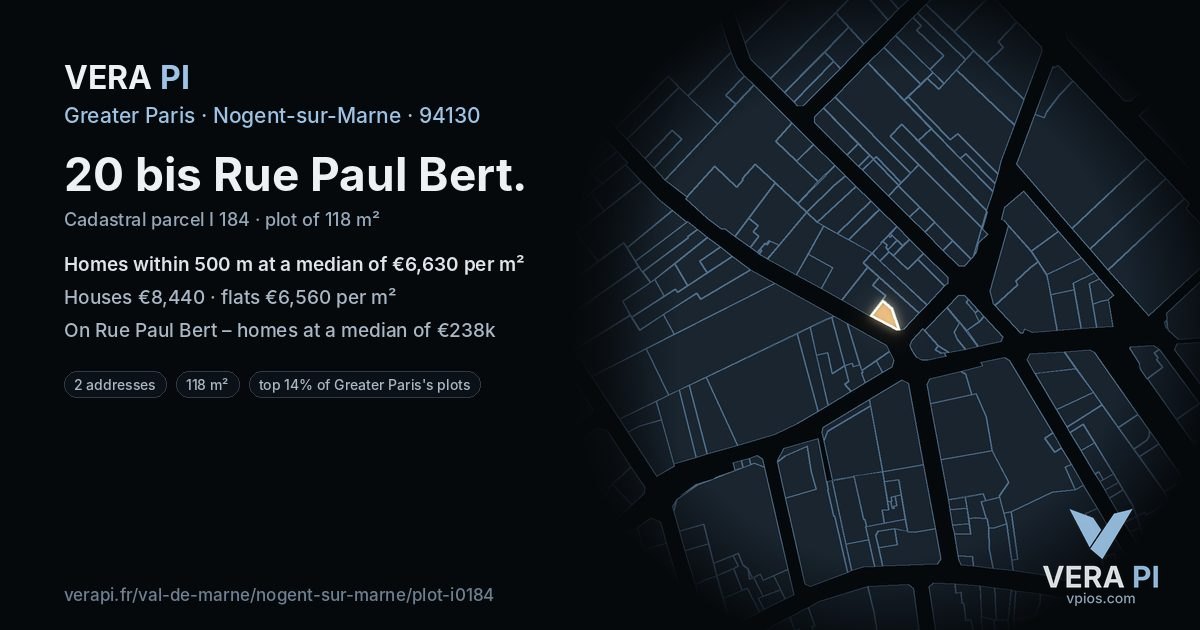 20 bis Rue Paul Bert, Nogent-sur-Marne at night – the plot lit, the parcels around coloured by the prices near them