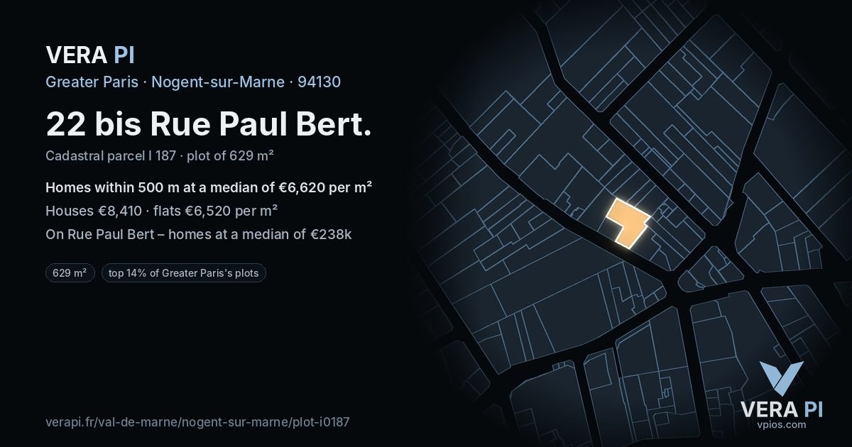 22 bis Rue Paul Bert, Nogent-sur-Marne at night – the plot lit, the parcels around coloured by the prices near them