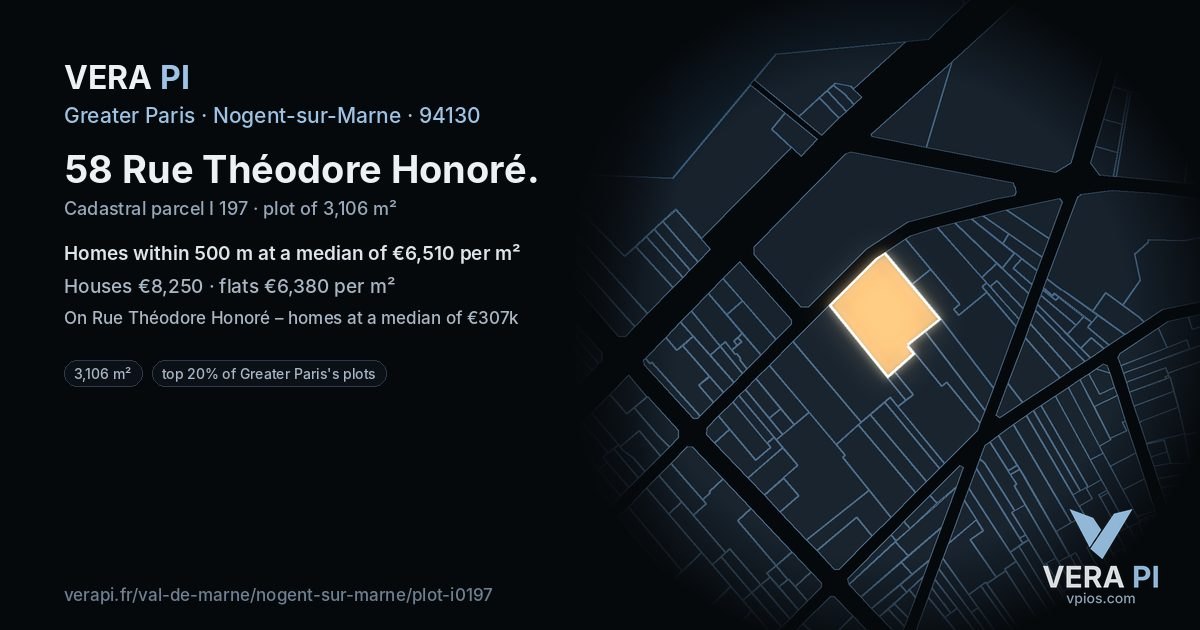 58 Rue Théodore Honoré, Nogent-sur-Marne at night – the plot lit, the parcels around coloured by the prices near them