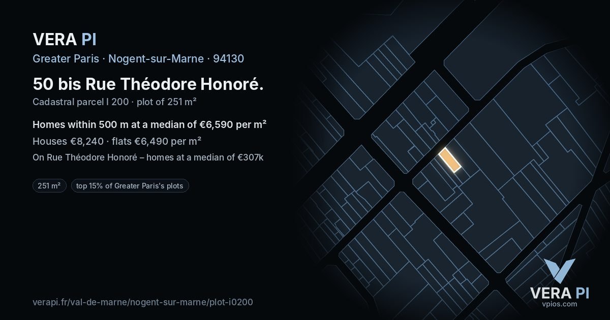 50 bis Rue Théodore Honoré, Nogent-sur-Marne at night – the plot lit, the parcels around coloured by the prices near them