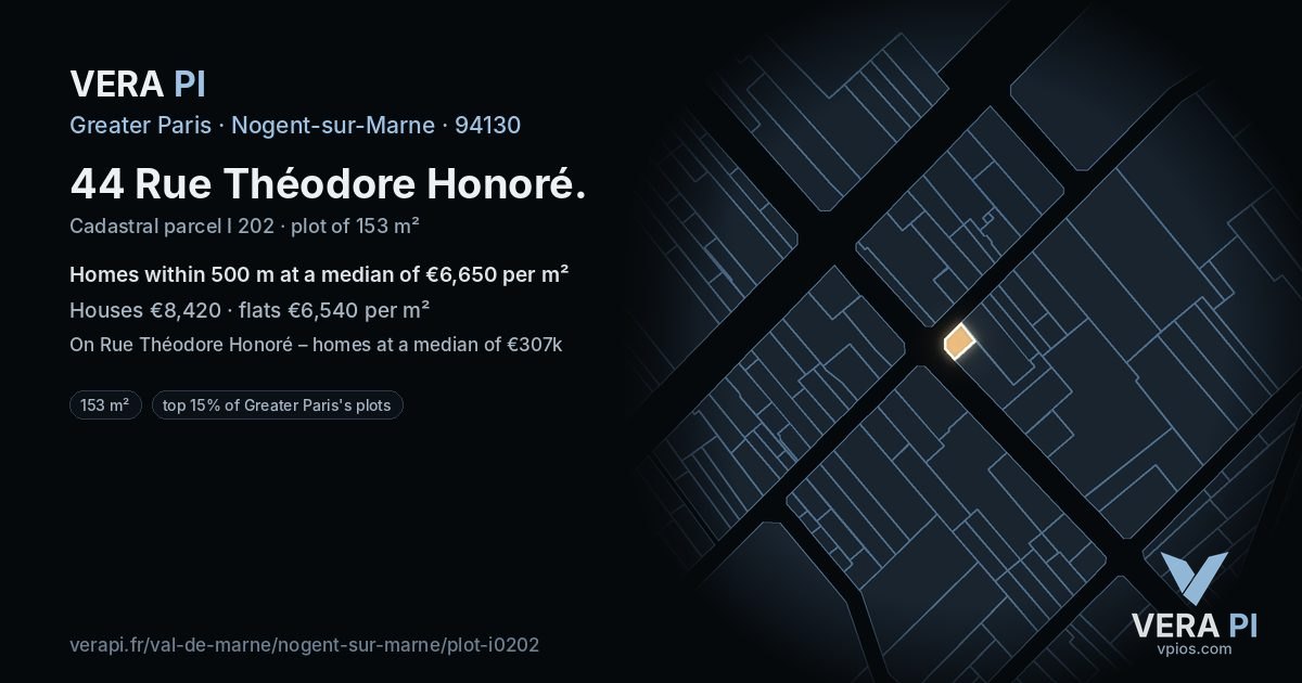 44 Rue Théodore Honoré, Nogent-sur-Marne at night – the plot lit, the parcels around coloured by the prices near them