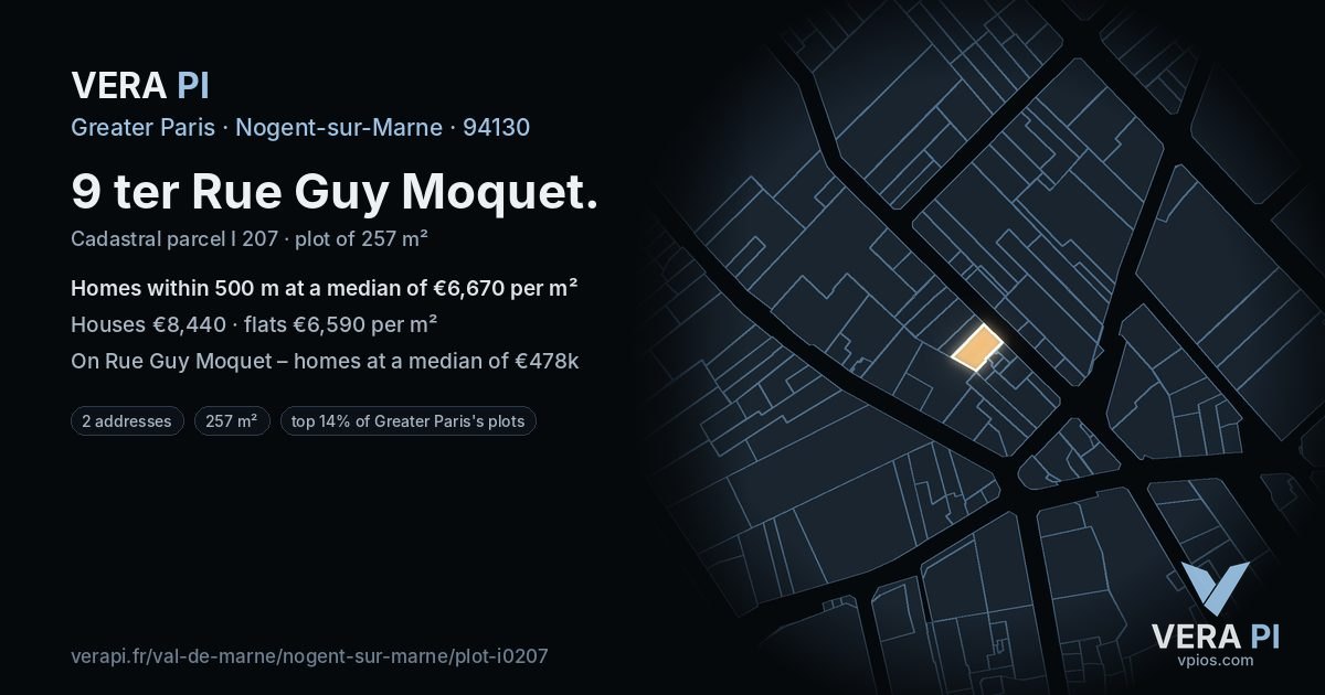 9 ter Rue Guy Moquet, Nogent-sur-Marne at night – the plot lit, the parcels around coloured by the prices near them