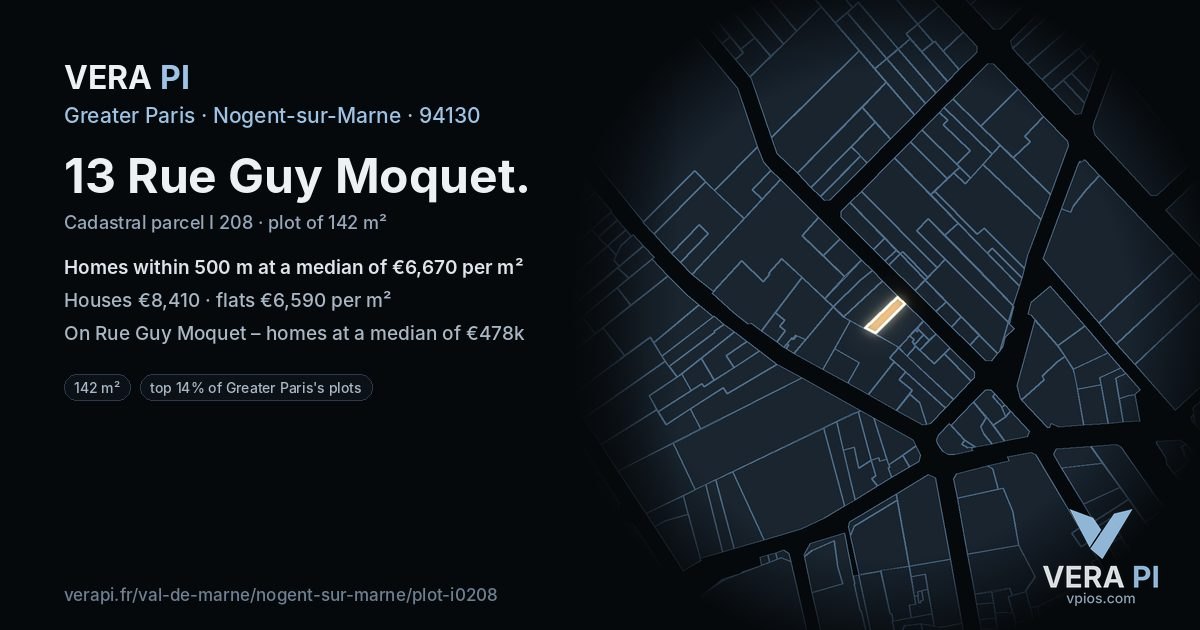 13 Rue Guy Moquet, Nogent-sur-Marne at night – the plot lit, the parcels around coloured by the prices near them