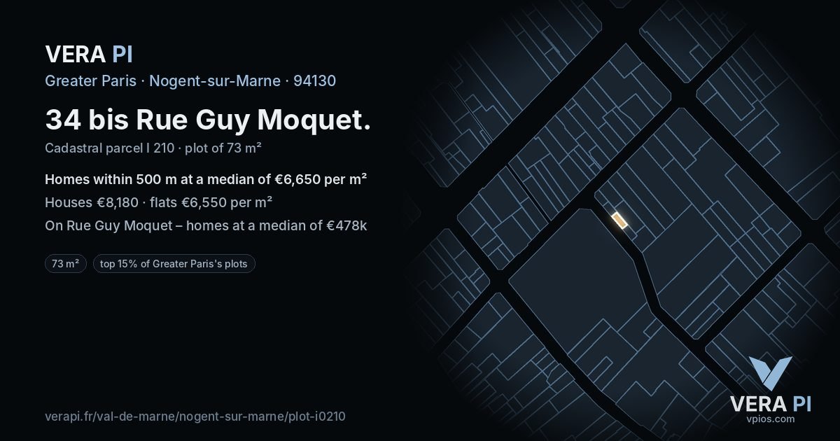 34 bis Rue Guy Moquet, Nogent-sur-Marne at night – the plot lit, the parcels around coloured by the prices near them