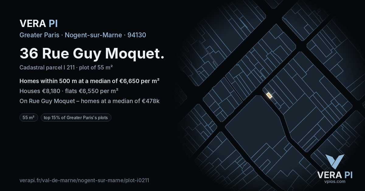 36 Rue Guy Moquet, Nogent-sur-Marne at night – the plot lit, the parcels around coloured by the prices near them