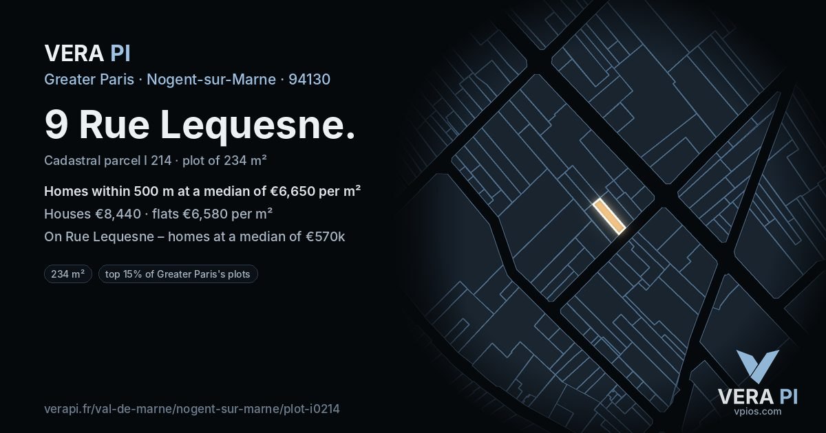 9 Rue Lequesne, Nogent-sur-Marne at night – the plot lit, the parcels around coloured by the prices near them