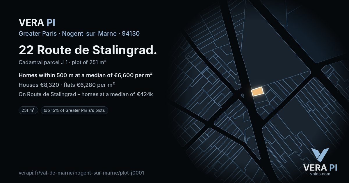 22 Route de Stalingrad, Nogent-sur-Marne at night – the plot lit, the parcels around coloured by the prices near them