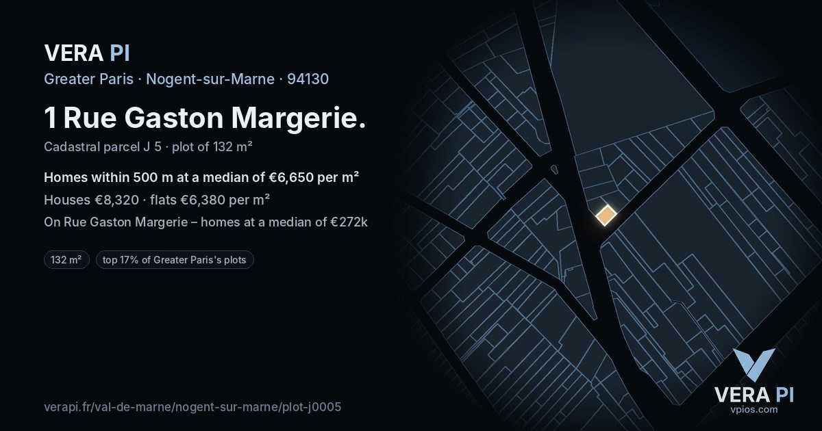 1 Rue Gaston Margerie, Nogent-sur-Marne at night – the plot lit, the parcels around coloured by the prices near them