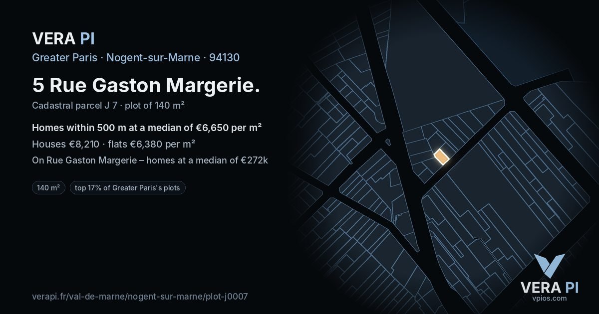 5 Rue Gaston Margerie, Nogent-sur-Marne at night – the plot lit, the parcels around coloured by the prices near them