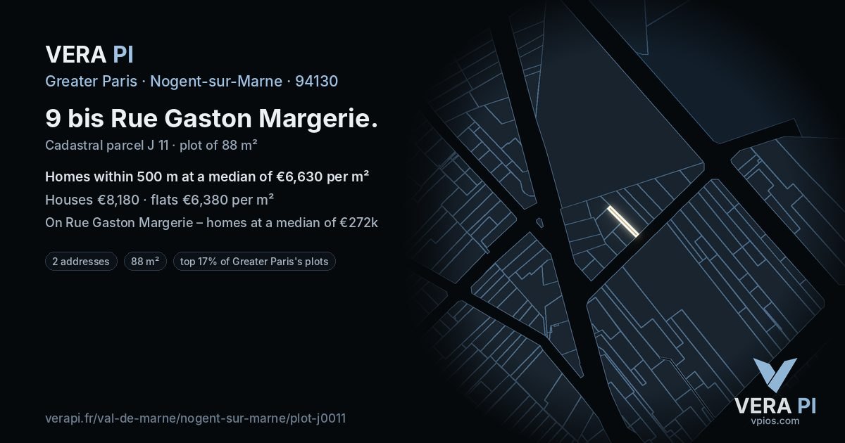 9 bis Rue Gaston Margerie, Nogent-sur-Marne at night – the plot lit, the parcels around coloured by the prices near them