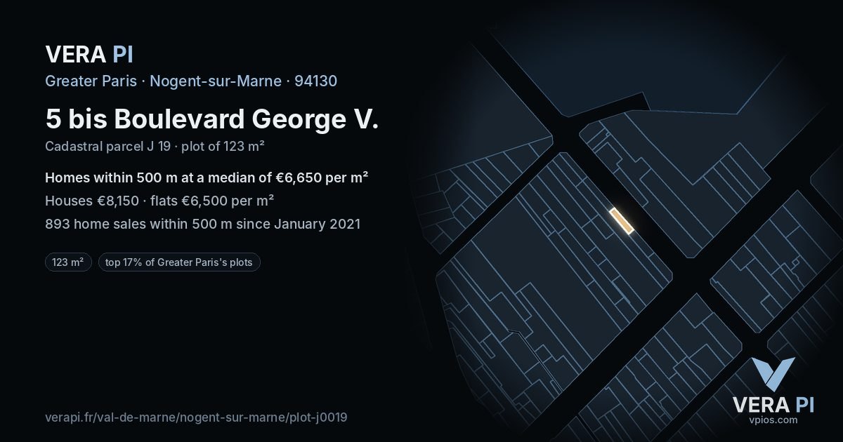 5 bis Boulevard George V, Nogent-sur-Marne at night – the plot lit, the parcels around coloured by the prices near them