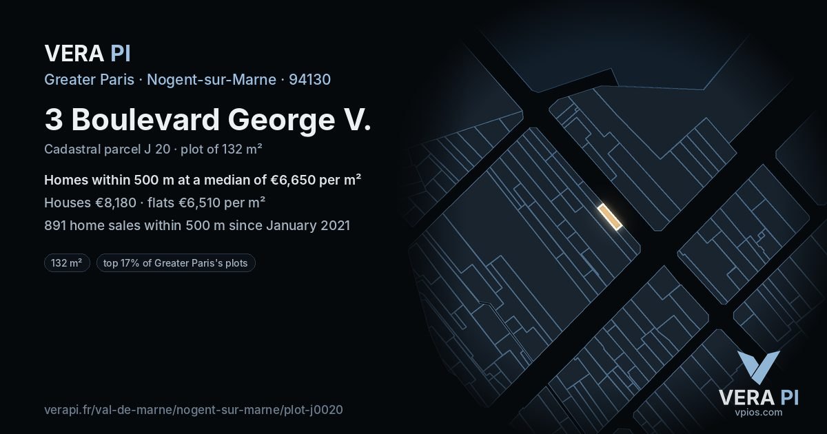 3 Boulevard George V, Nogent-sur-Marne at night – the plot lit, the parcels around coloured by the prices near them