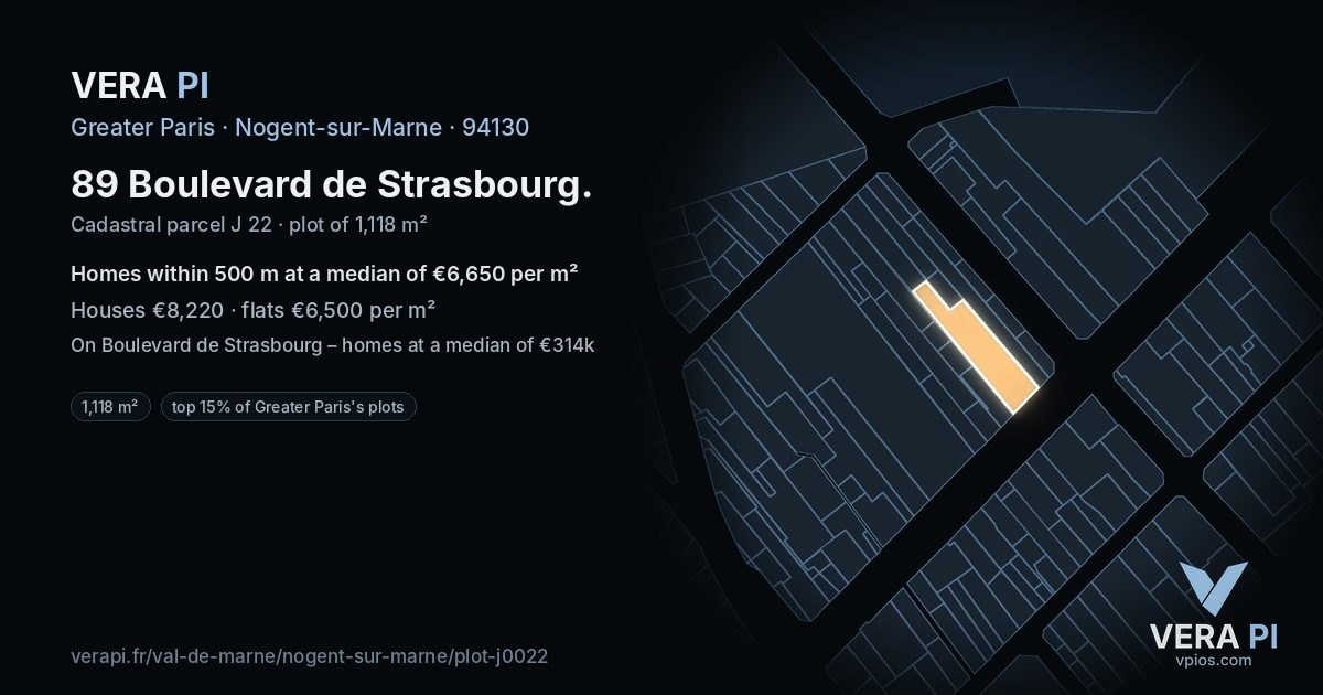 89 Boulevard de Strasbourg, Nogent-sur-Marne at night – the plot lit, the parcels around coloured by the prices near them