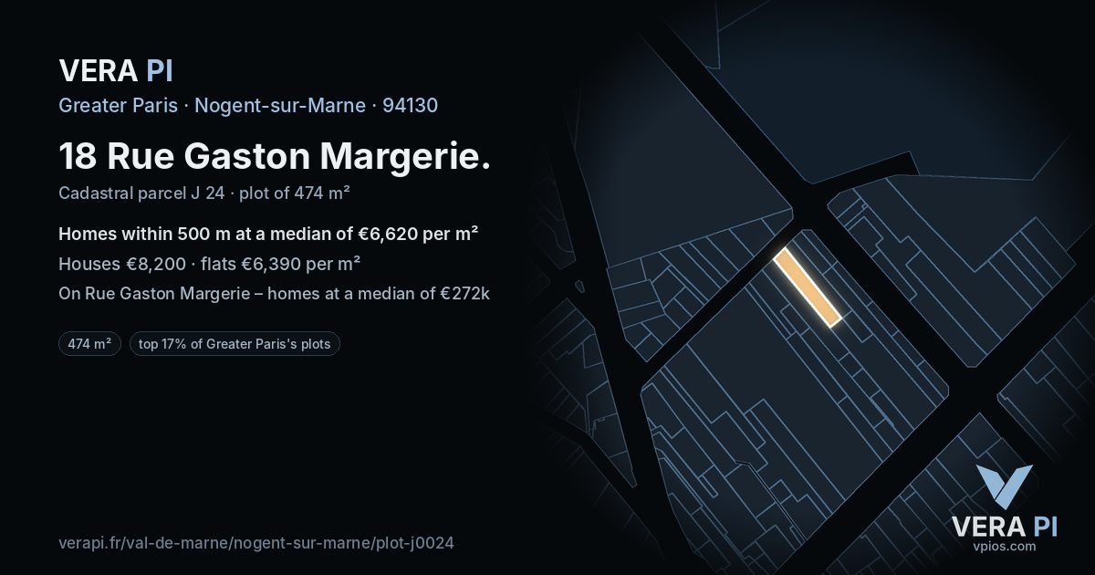 18 Rue Gaston Margerie, Nogent-sur-Marne at night – the plot lit, the parcels around coloured by the prices near them