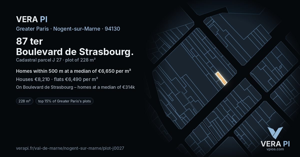 87 ter Boulevard de Strasbourg, Nogent-sur-Marne at night – the plot lit, the parcels around coloured by the prices near them