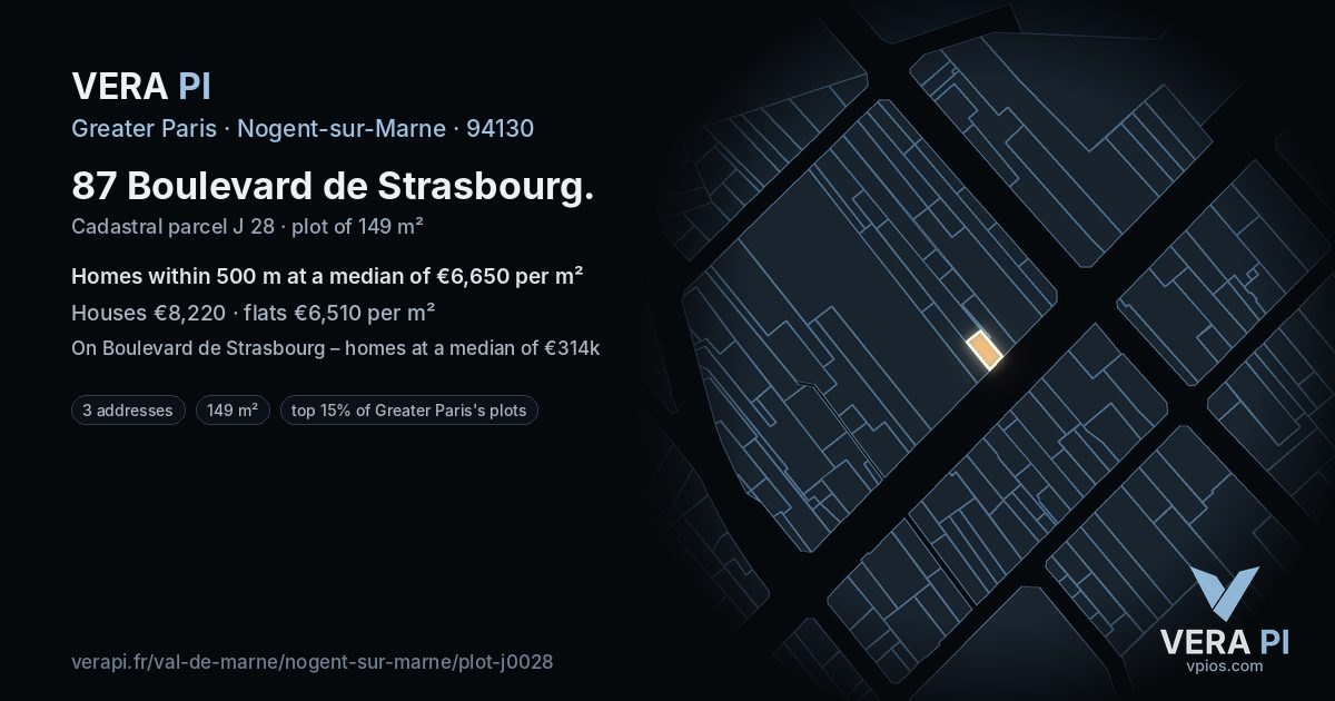 87 Boulevard de Strasbourg, Nogent-sur-Marne at night – the plot lit, the parcels around coloured by the prices near them