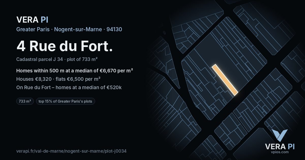 4 Rue du Fort, Nogent-sur-Marne at night – the plot lit, the parcels around coloured by the prices near them