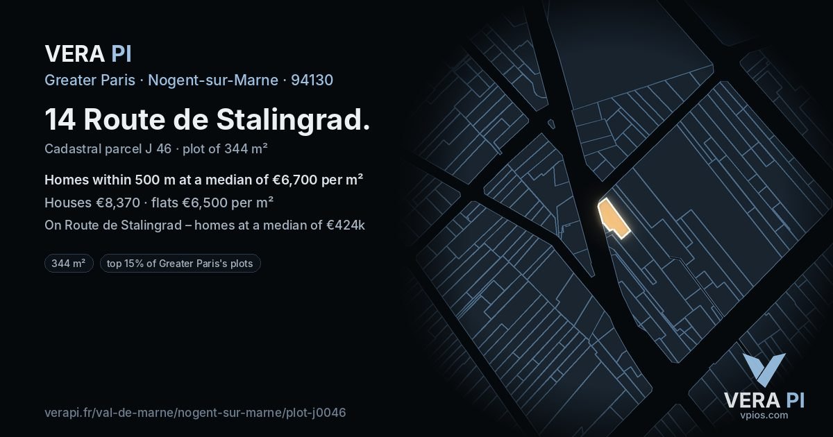 14 Route de Stalingrad, Nogent-sur-Marne at night – the plot lit, the parcels around coloured by the prices near them