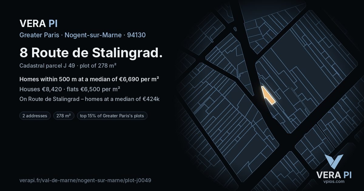 8 Route de Stalingrad, Nogent-sur-Marne at night – the plot lit, the parcels around coloured by the prices near them