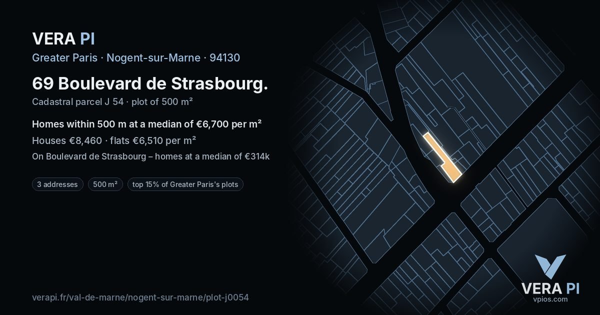 69 Boulevard de Strasbourg, Nogent-sur-Marne at night – the plot lit, the parcels around coloured by the prices near them