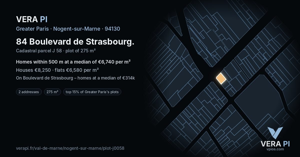 84 Boulevard de Strasbourg, Nogent-sur-Marne at night – the plot lit, the parcels around coloured by the prices near them