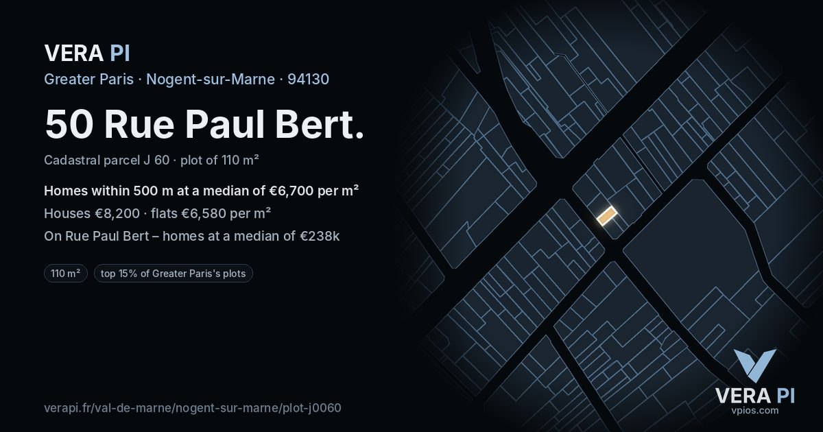 50 Rue Paul Bert, Nogent-sur-Marne at night – the plot lit, the parcels around coloured by the prices near them