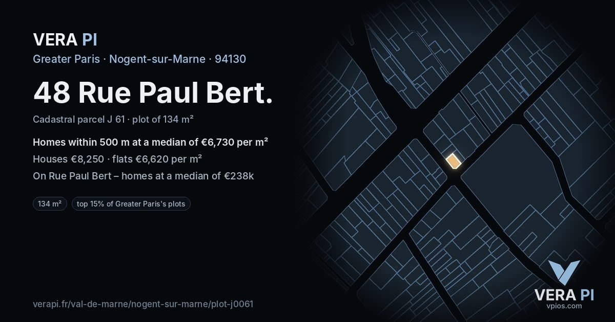48 Rue Paul Bert, Nogent-sur-Marne at night – the plot lit, the parcels around coloured by the prices near them