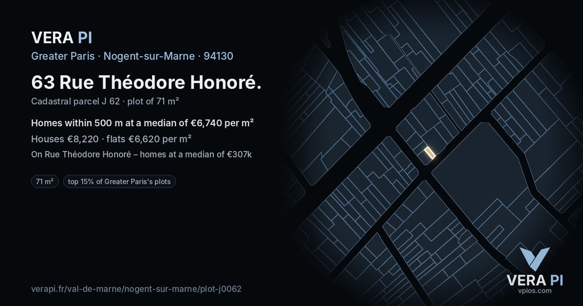 63 Rue Théodore Honoré, Nogent-sur-Marne at night – the plot lit, the parcels around coloured by the prices near them