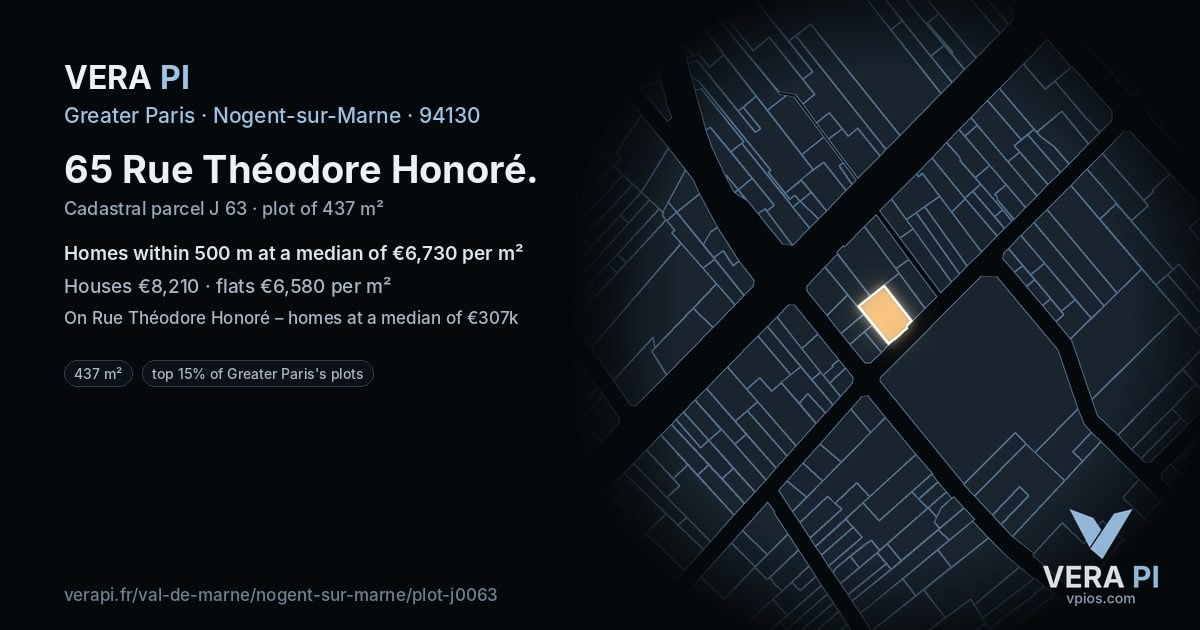 65 Rue Théodore Honoré, Nogent-sur-Marne at night – the plot lit, the parcels around coloured by the prices near them