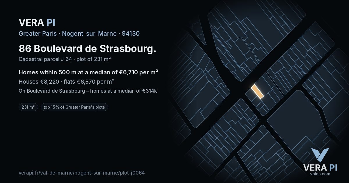 86 Boulevard de Strasbourg, Nogent-sur-Marne at night – the plot lit, the parcels around coloured by the prices near them