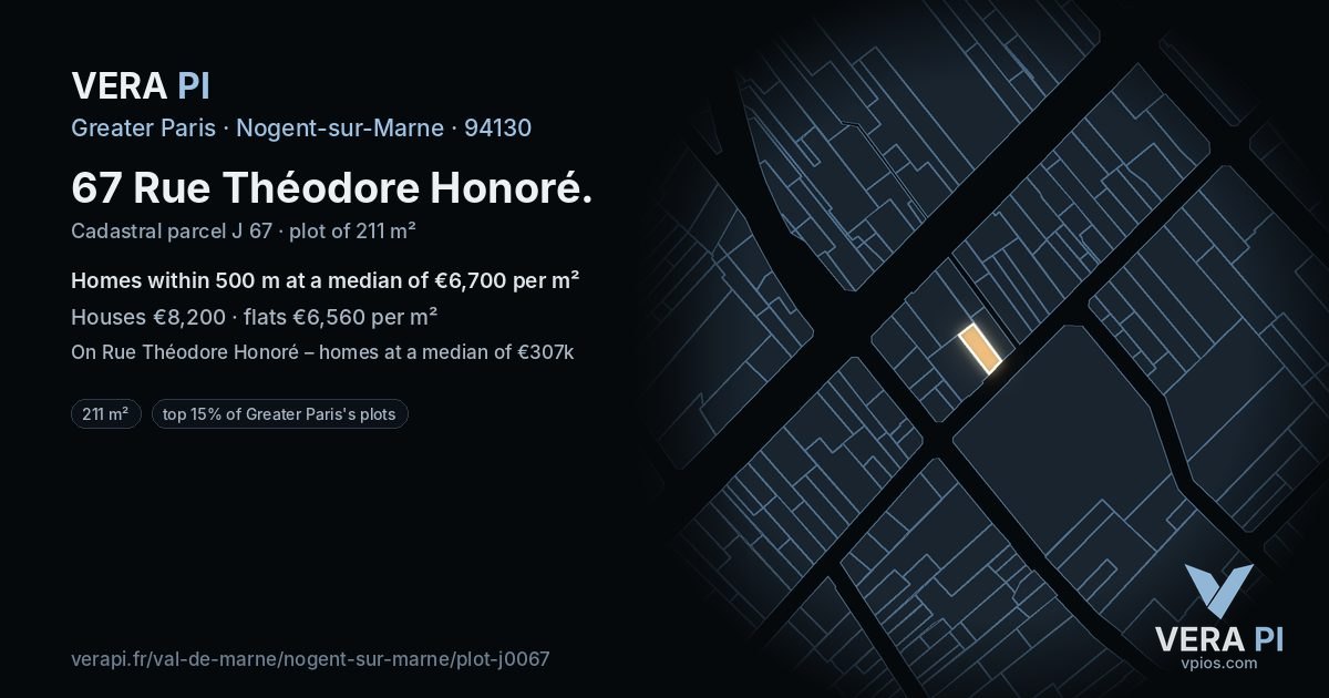 67 Rue Théodore Honoré, Nogent-sur-Marne at night – the plot lit, the parcels around coloured by the prices near them