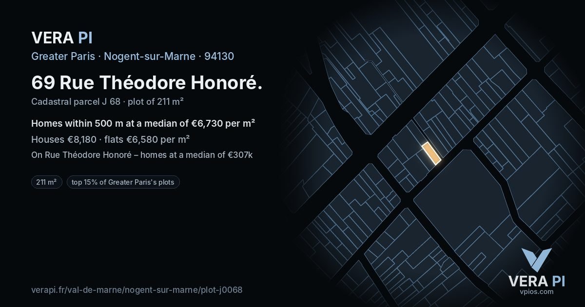 69 Rue Théodore Honoré, Nogent-sur-Marne at night – the plot lit, the parcels around coloured by the prices near them