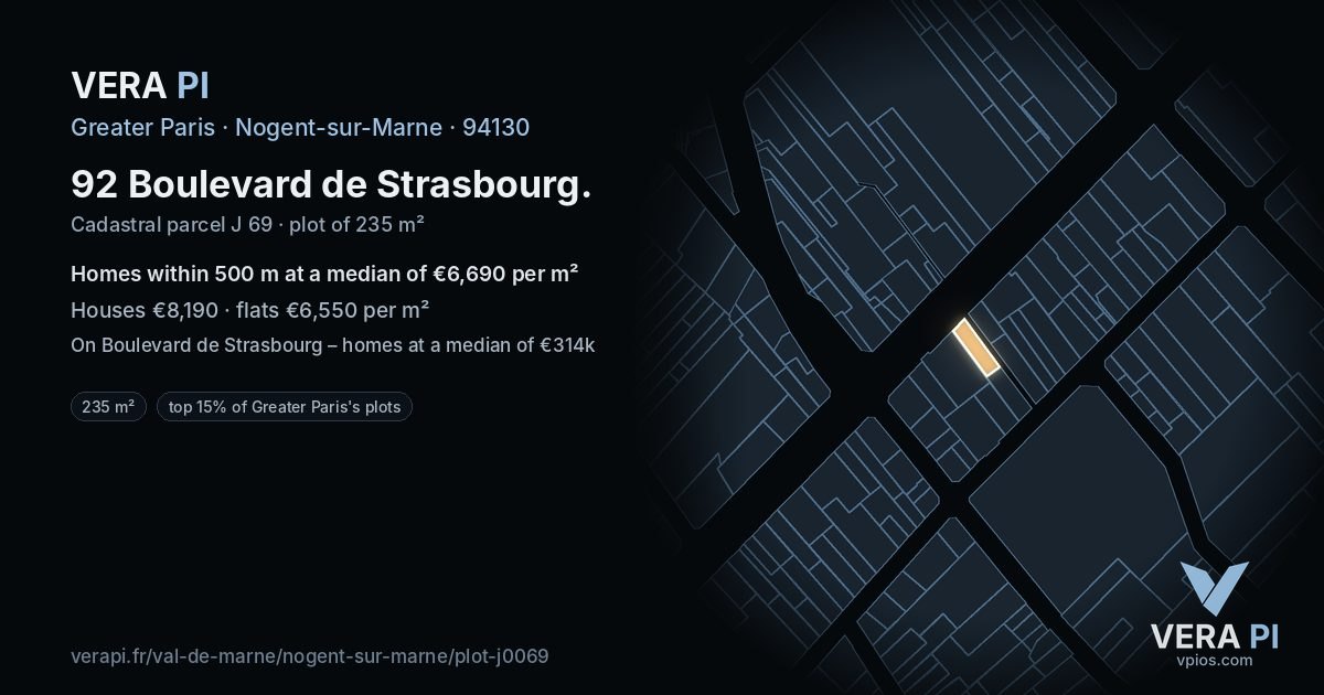 92 Boulevard de Strasbourg, Nogent-sur-Marne at night – the plot lit, the parcels around coloured by the prices near them