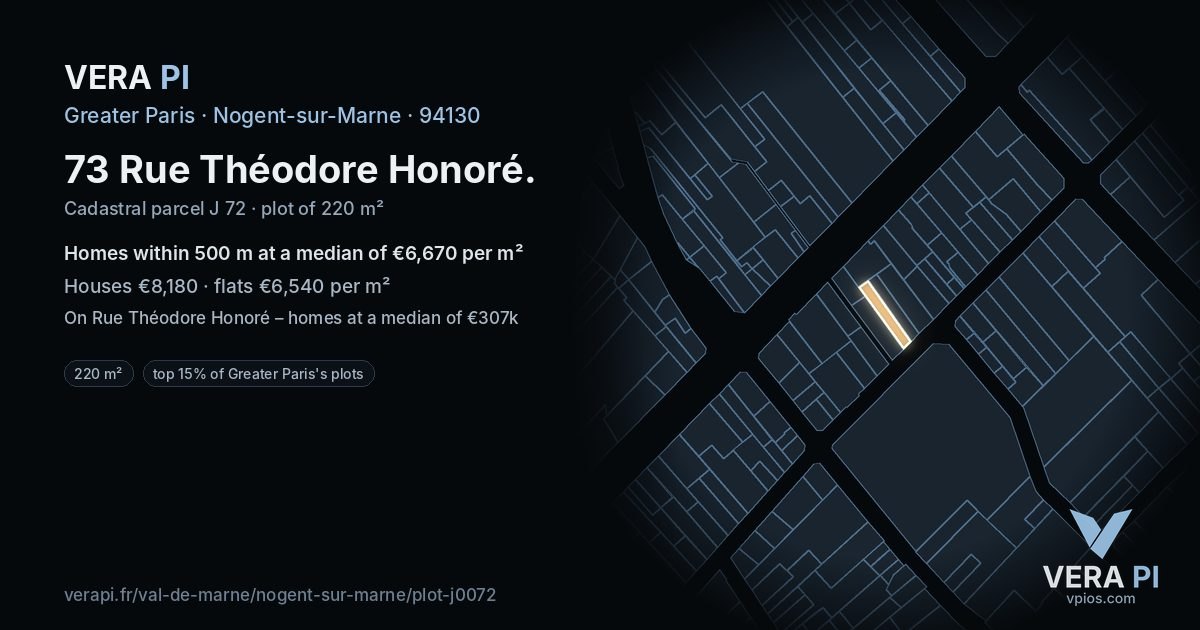73 Rue Théodore Honoré, Nogent-sur-Marne at night – the plot lit, the parcels around coloured by the prices near them