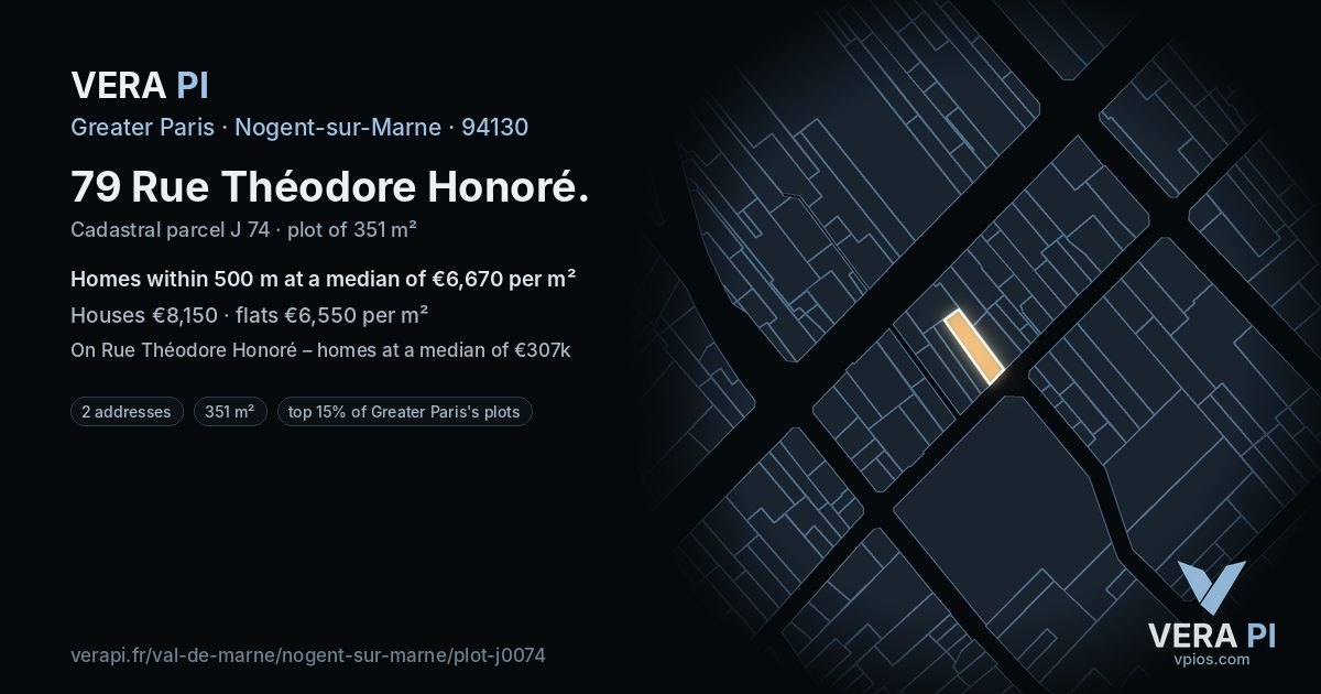 79 Rue Théodore Honoré, Nogent-sur-Marne at night – the plot lit, the parcels around coloured by the prices near them