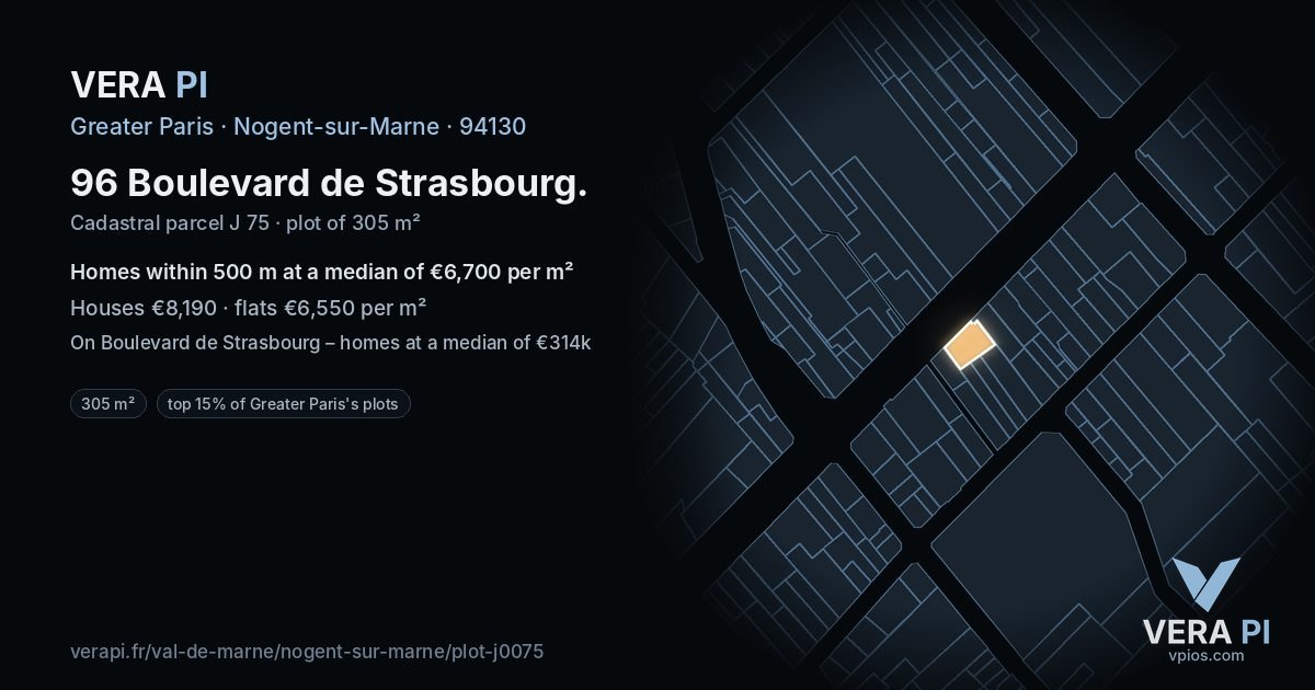96 Boulevard de Strasbourg, Nogent-sur-Marne at night – the plot lit, the parcels around coloured by the prices near them