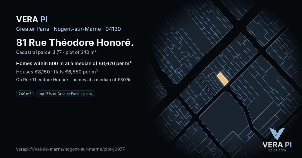 81 Rue Théodore Honoré, Nogent-sur-Marne at night – the plot lit, the parcels around coloured by the prices near them