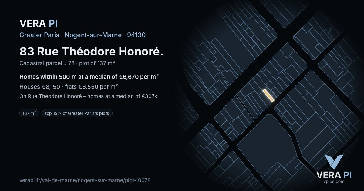 83 Rue Théodore Honoré, Nogent-sur-Marne at night – the plot lit, the parcels around coloured by the prices near them