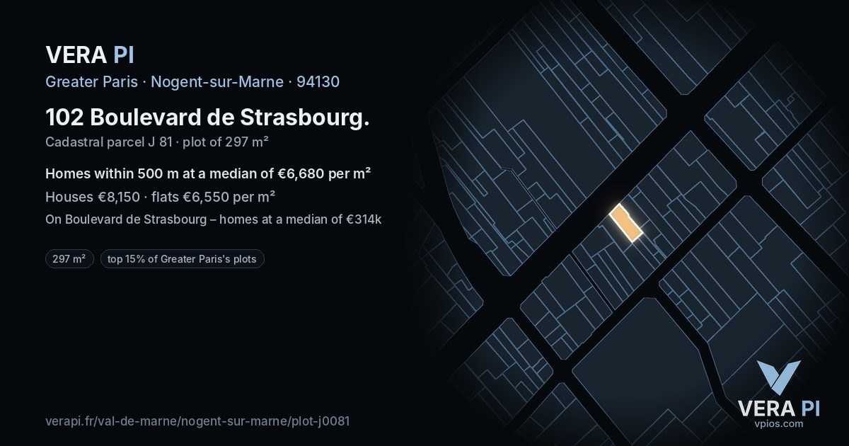 102 Boulevard de Strasbourg, Nogent-sur-Marne at night – the plot lit, the parcels around coloured by the prices near them