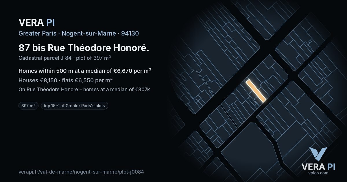 87 bis Rue Théodore Honoré, Nogent-sur-Marne at night – the plot lit, the parcels around coloured by the prices near them