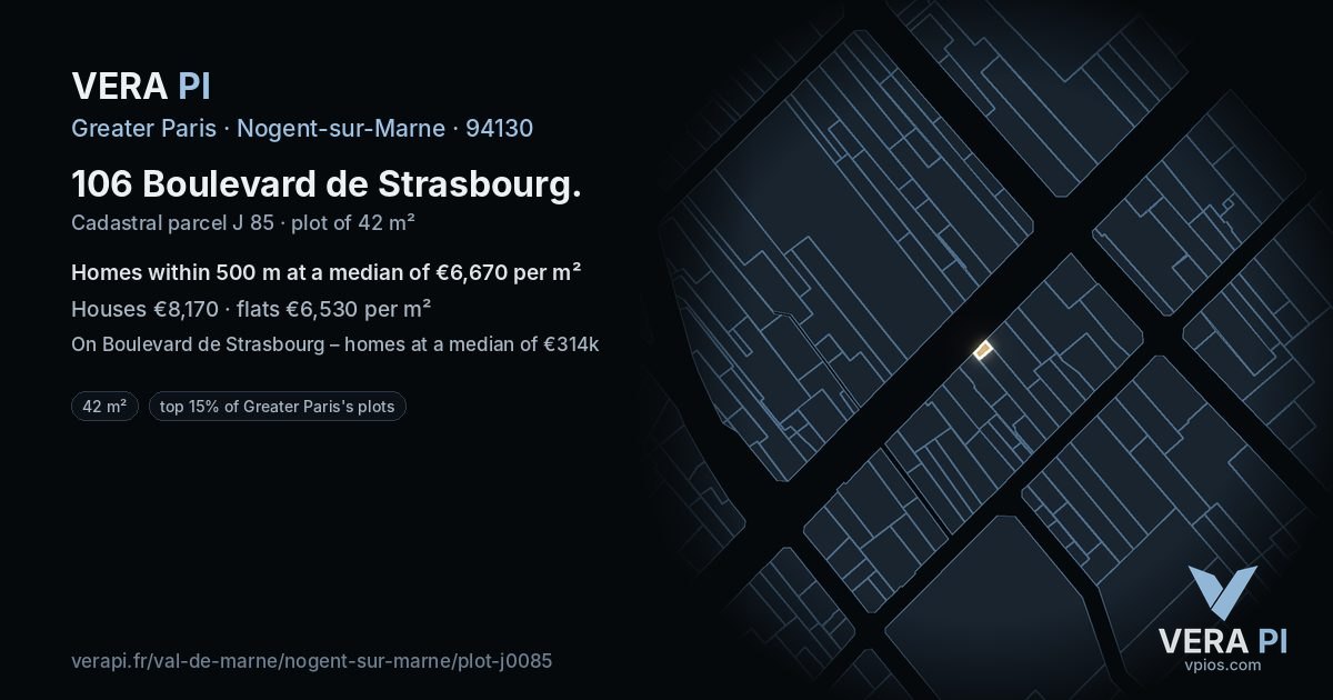 106 Boulevard de Strasbourg, Nogent-sur-Marne at night – the plot lit, the parcels around coloured by the prices near them
