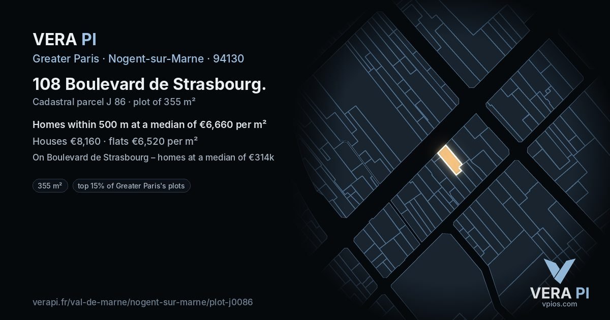 108 Boulevard de Strasbourg, Nogent-sur-Marne at night – the plot lit, the parcels around coloured by the prices near them